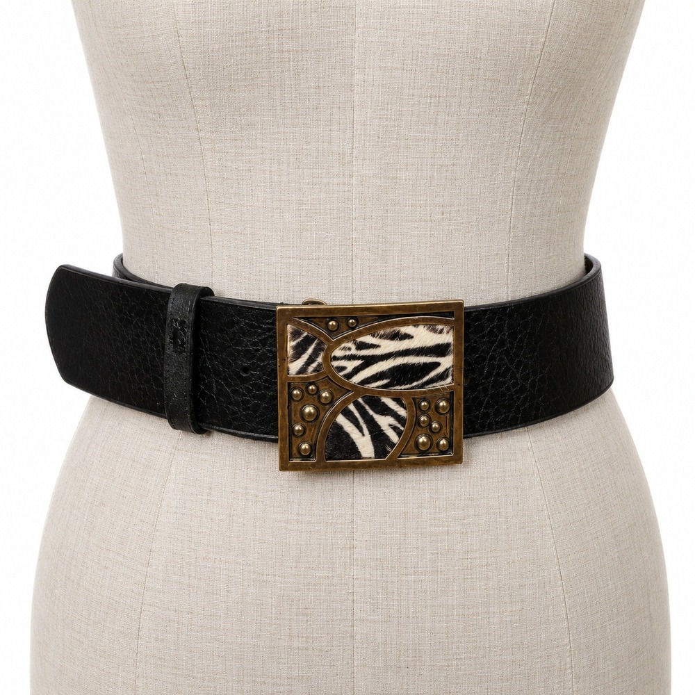 Adrienne Landau Belt Women Medium Black Zebra Print Hair on Hide Leather Wide